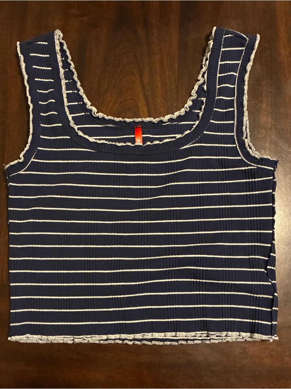 UNIONBAY Navy and White Striped Cropped Tank with Ruffle Trim
